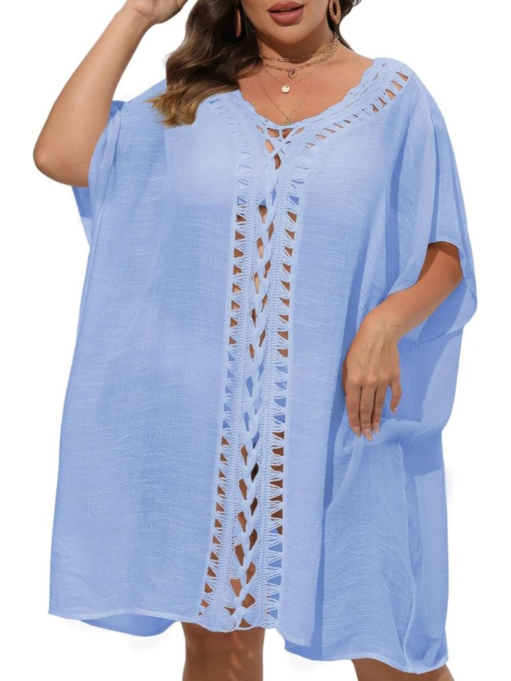 〽️Women's Swim Suit Coverups Blue Polyester Summer Loose Crochet Beach Dress